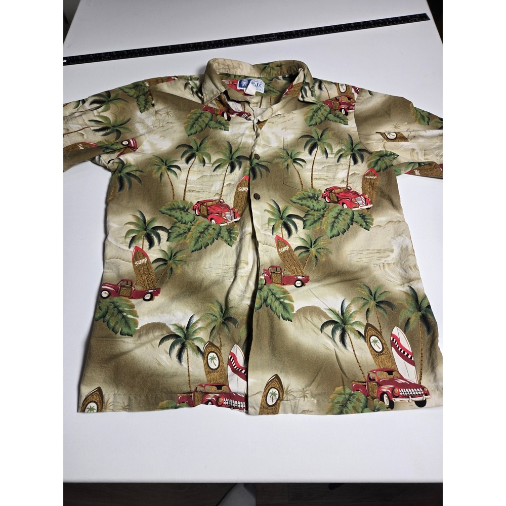 RJC Hawaiian Shirt Mens Large Tan Red Woodie Car Surfboard Palm Tree,